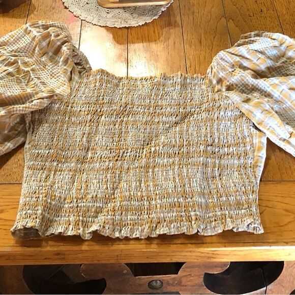 Anthropologie Maeve Yellow Plaid Square Neck Smocked Balloon Sleeve Top - XL - Picture 6 of 11
